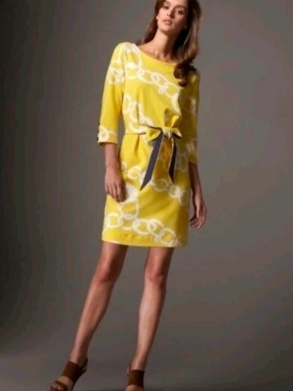 Lilly Pulitzer sz S Yellow Chain-Print Belted Dress euc